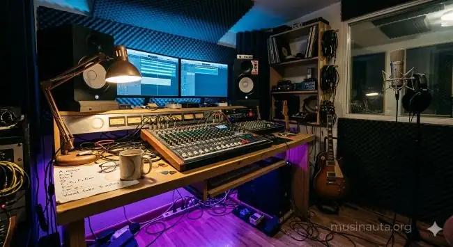 Interior de un estudio de grabación con equipos de producción electrónica y luces cálidas