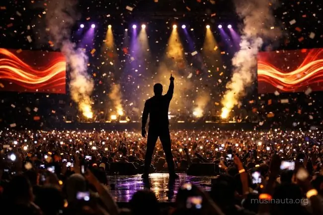 Estadio lleno durante un concierto de bachata urbana con iluminación dramática y pantallas gigantes