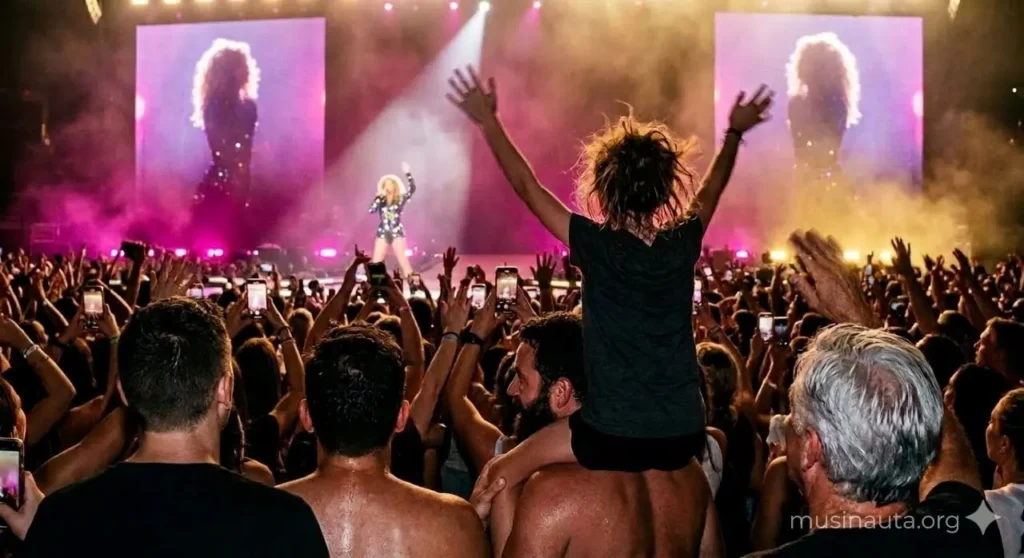 Multitud eufórica en primer plano en un concierto de pop latino, con una figura femenina de cabello largo y rizado en el escenario al fondo