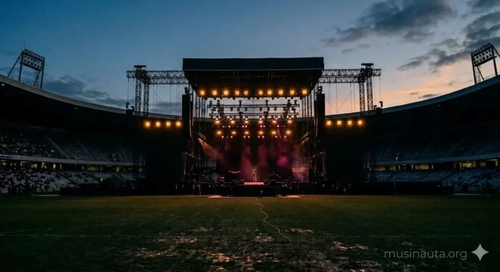 Escenario de estadio vacío con luces en tonos ámbar y magenta antes de un concierto de Shakira, evocando la magnitud de sus giras mundiales.
