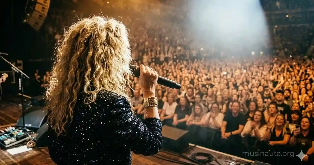 Silueta de mujer de cabello largo rizado con micrófono ante una multitud iluminada con teléfonos en un gran estadio nocturno