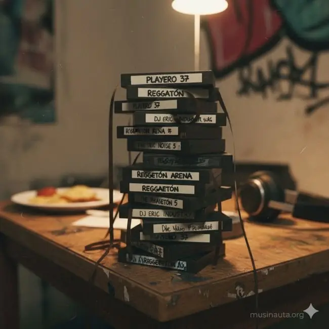 Casetes de audio apilados representando el circuito underground del reggaetón puertorriqueño en los años 90