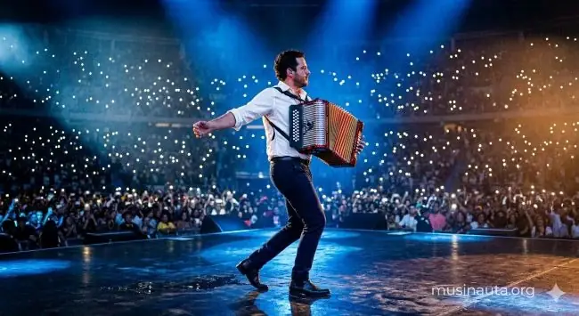 Músico de espaldas con acordeón en un gran escenario de estadio con luces de concierto y multitud