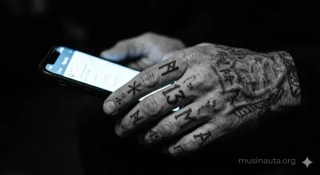 Mano masculina con tatuajes sosteniendo un teléfono con pantalla encendida en ambiente de poca luz interior