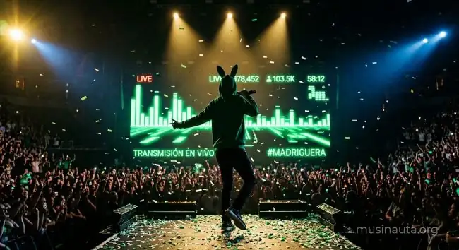 Silueta con conejo en capucha verde ante una pantalla gigante con estadísticas de streaming en un estadio lleno