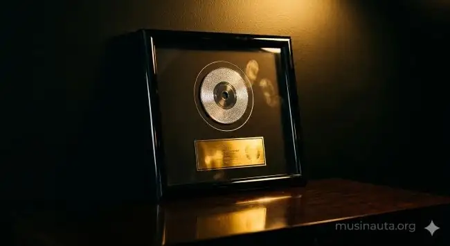Disco de diamante certificado RIAA enmarcado en negro sobre fondo oscuro con iluminación dramática dorada
