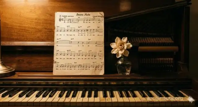 Partitura manuscrita antigua con un piano de cola al fondo en un salón con luz de tarde