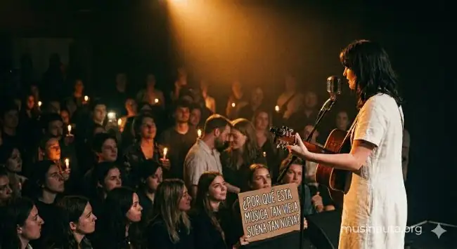 Mujer con guitarra en escenario íntimo con luces cálidas ante público joven con velas y teléfonos iluminados