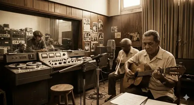 Estudios de grabación vintage con consola analógica de los años 50 en una sala de paredes desgastadas con luz cálida