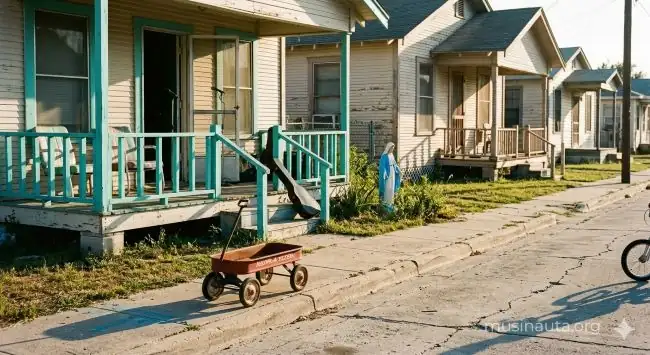 Calle de un barrio mexicoamericano de Texas en los años 70-80 con una casa de madera pintada y música en el ambiente