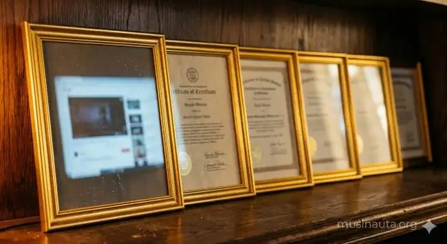 Certificados dorados de récords Guinness sobre una mesa iluminada con reflejo de pantalla de YouTube