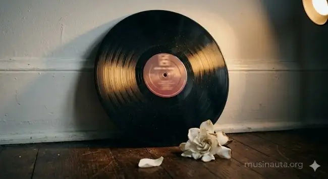 Un disco de vinilo con reflejo de luces doradas sobre una superficie oscura, evoando el álbum póstumo más importante de la historia latina