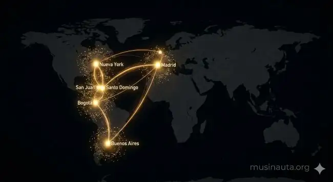 Mapa del mundo con puntos de luz dorados sobre las capitales del reggaetón y la música tropical conectados por líneas