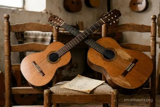 Requinto y guitarra clásica apoyados juntos sobre una silla de madera en un estudio con luz cálida