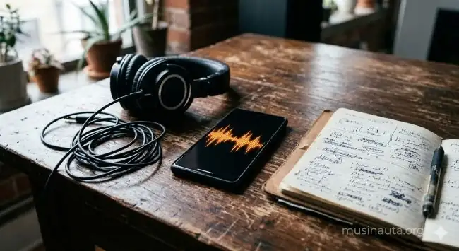 Teléfono con pantalla de plataforma de streaming mostrando ondas de audio sobre mesa de madera oscura con cascos y cuaderno