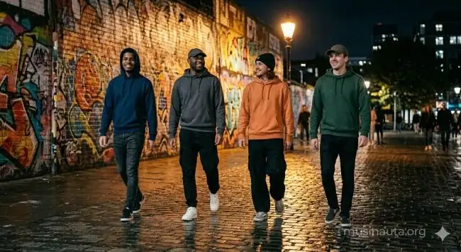 Grupo de jóvenes caminando de frentes en una calle de adoquines nocturna con grafitis coloridos en la pared de fondo y luz de farola urbana
