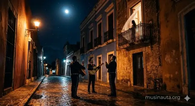 Tres músicos con guitarras tocando una serenata nocturna bajo un balcón en una calle colonial con luz de luna