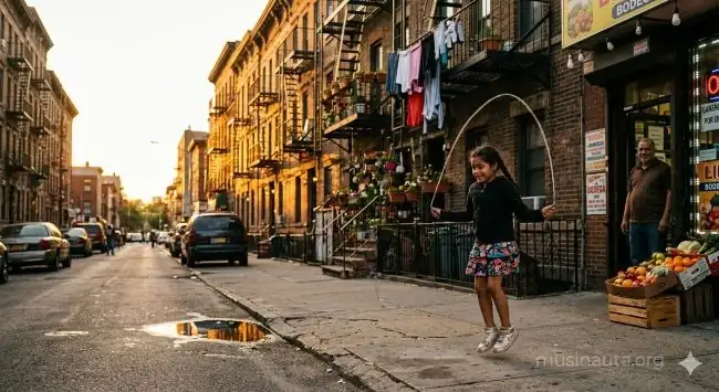 Calle residencial del Bronx con casas de ladrillo y escaleras de incendio al atardecer, con una niña saltando a la cuerda en la acera