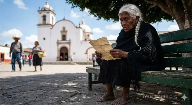 Anciana con rebozo oscuro sentada en una banca de plaza mexicana sosteniendo un papel amarillento con texto manuscrito, bajo la sombra de un árbol