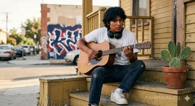 Joven mexicoamericano tocando guitarra acústica en un portal de casa de barrio californiano, con graffiti de colores al fondo y auriculares inalámbricos al cuello