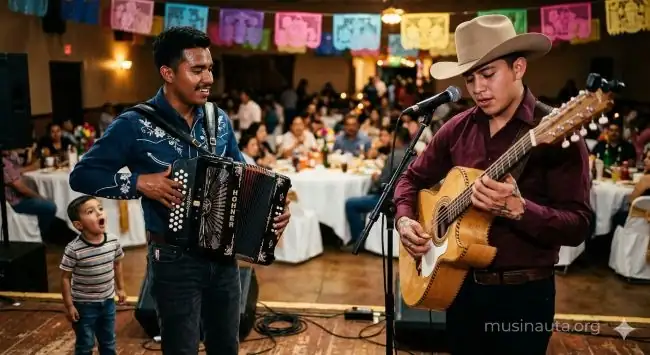 Dos músicos norteños jóvenes interpretando acordeón y bajo sexto en el escenario de un salón de fiestas iluminado con luces cálidas ante un público familiar
