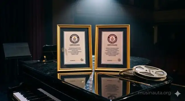 Dos certificados Guinness World Records en marcos dorados sobre un piano negro de cola, con un carrete de película de cine apoyado al lado
