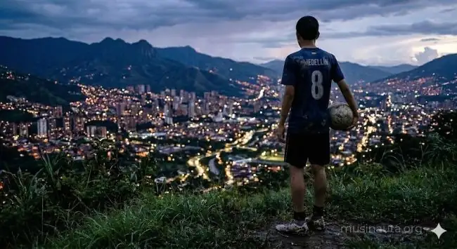 Joven de unos 16 años con balón de fútbol bajo el brazo mirando las luces de Medellín desde una colina al anochecer