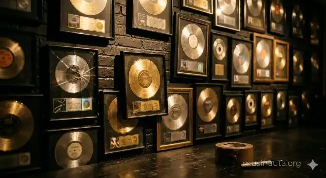 Pared de estudios de grabación tapizada de discos de oro y platino con luz rasante dorada que revela la textura metálica de cada certificado