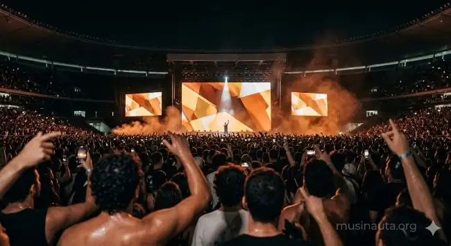 Vista desde el público en un estadio lleno de gente durante un concierto de Ozuna. Al fondo, un escenario con pantallas gigantes de luz naranja y el artista en el centro.