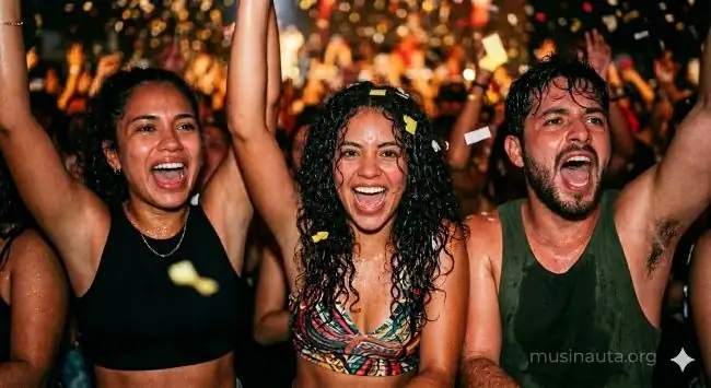 Tres jóvenes en el público de un concierto, con las manos en alto y cantando con entusiasmo. La mujer del centro tiene cabello rizado y una gran sonrisa. El hombre de la derecha tiene barba y canta a gritos. La mujer de la izquierda lleva un top negro y tiene una expresión de emoción en su rostro. La iluminación es tenue y se ve a más personas del público al fondo.