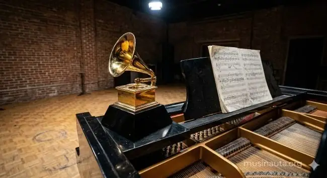 Gramófono dorado del Latin Grammy sobre un piano negro con tapa abierta, iluminado por luz cenital blanca en una sala de ensayo vacía