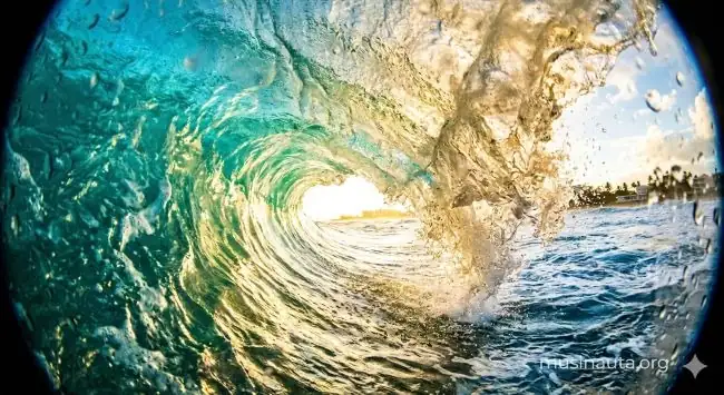Interior del tubo de una ola del Atlántico en la costa de Puerto Rico con luz solar caribeña atravesando el agua en tonos turquesa y dorado