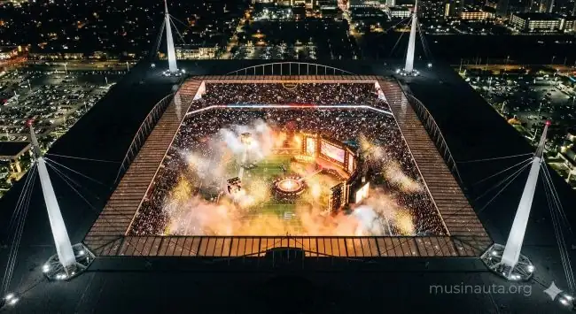 Vista aérea desde el techo de un estadio lleno de noche con el campo iluminado en colores dorados y rojos durante un espectáculo de medio tiempo