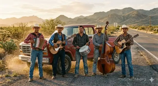 Grupo de cinco hombres con instrumentos norteños posando frente a una pick-up en una carretera desértica del norte de México al amanecer