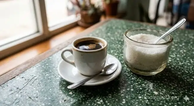 Taza de café cubano con plato y cucharita de acero sobre superficie de terrazo verde con azucarera de vidrio llena de azúcar blanca
