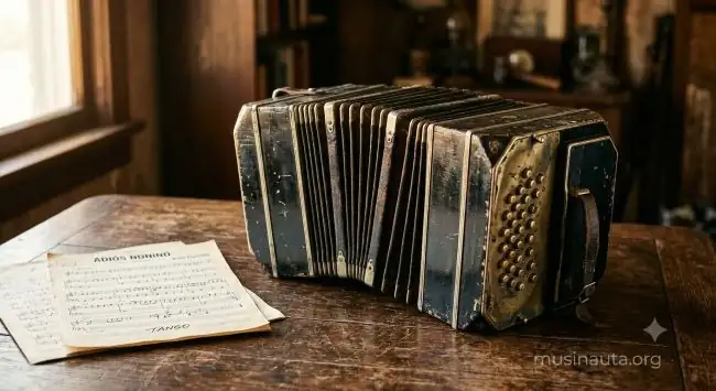 Bandoneón antiguo con sus teclas desgastadas sobre superficie de madera oscura con partitura de tango al lado