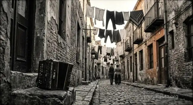 Calle de conventillos del arrabal porteño a principios del siglo XX con ropa colgada entre edificios