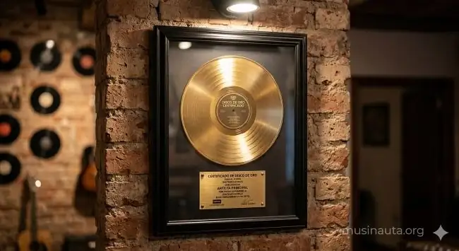 Disco de oro enmarcado con placa conmemorativa sobre pared de ladrillo visto desde ángulo bajo con luz de vitrina