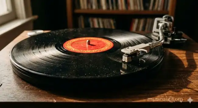 Vinilo de disco de salsa de los años 70 sobre superficie de madera antigua con aguja de tocadiscos y luz lateral cálida de estudio