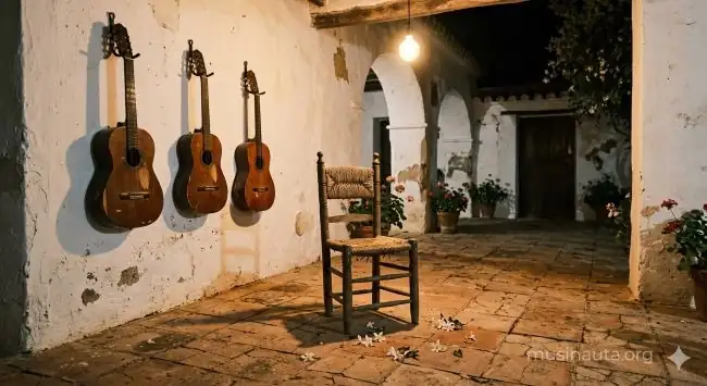 Vista nocturna de un patio típico de Sevilla con guitarras colgadas en la pared durante una reunión flamenca