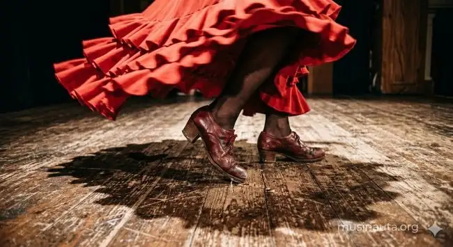 Bailaora de flamenco en posición de estampita con traje de volantes rojos bajo luz de seguidor blanca