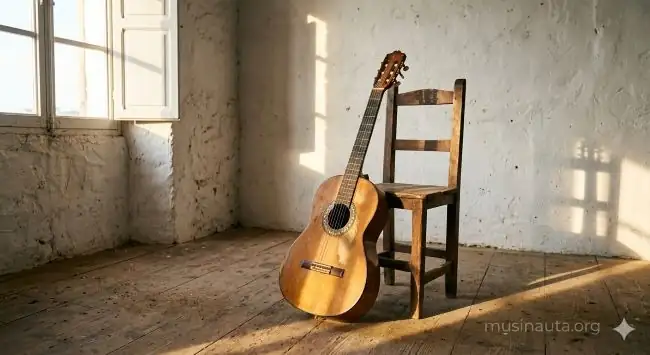 Guitarra flamenca apoyada sobre silla de madera en estudio minimalista con luz de tarde