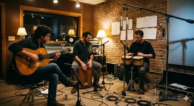 Músicos de distintos orígenes en sesión de grabación con guitarra flamenca, cajón y percusión caribeña