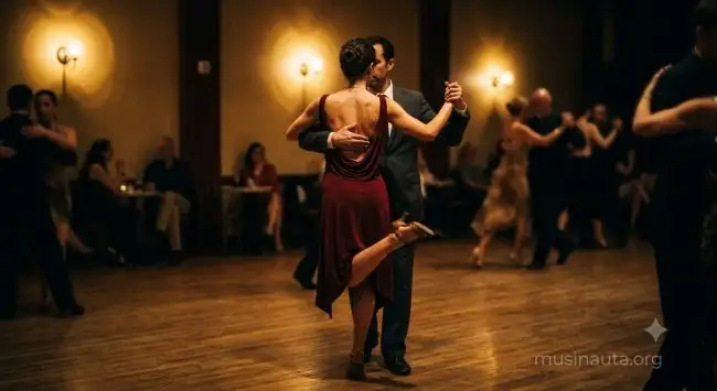 Pareja bailando tango en salón de milonga con piso de madera y luces tenues