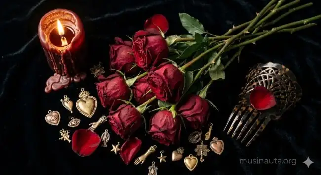 Composición de rosas rojas marchitas, exvotos dorados, vela derretida y peine de flamenca sobre superficie negra con luz de vela