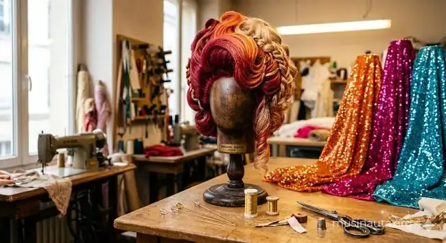 Peluca teatral elaborada en tonos rojos y dorados sobre soporte de modista junto a telas de lentejuelas de colores en taller de vestuario