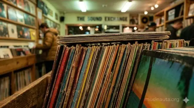 Colección de vinilos de salsa y reggaetón apilados en tienda de discos con carátulas visibles