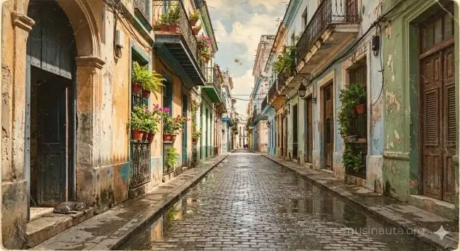 Calle del barrio habanero de Santos Suárez con casas coloniales de colores pastel y macetas en balcones bajo luz tropical de mediodía