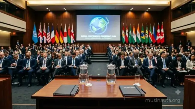 Sala de reunión internacional con banderas y delegados representando la declaración UNESCO del tango como Patrimonio de la Humanidad