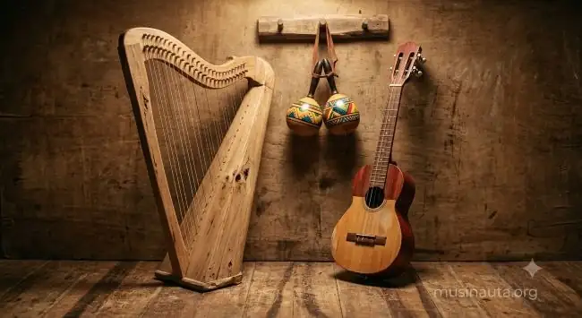 Arpa llanera de madera clara junto a un cuatro venezolano y un par de maracas